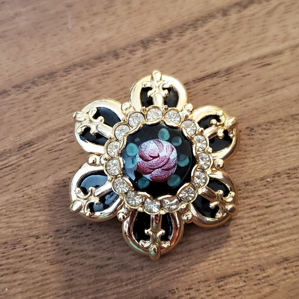 Fleur De Lis Guilloche Rhinestone Brooch